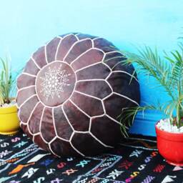 Moroccan Brown Leather Pouf, Ottoman Footstool, Genuine Pouffe For Boho Home Decor - thumbnail 2
