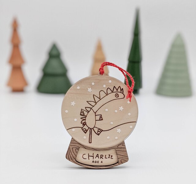 Your Child's Drawing Ornament, Snow Globe, Christmas Keepsake, Handwritten, Kid's Handwriting, Artwork, Personalized Name, Wood Engraved - image 1
