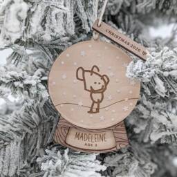 Your Child's Drawing Ornament, Snow Globe, Christmas Keepsake, Handwritten, Kid's Handwriting, Artwork, Personalized Name, Wood Engraved - thumbnail 3