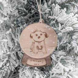 Your Child's Drawing Ornament, Snow Globe, Christmas Keepsake, Handwritten, Kid's Handwriting, Artwork, Personalized Name, Wood Engraved - thumbnail 2