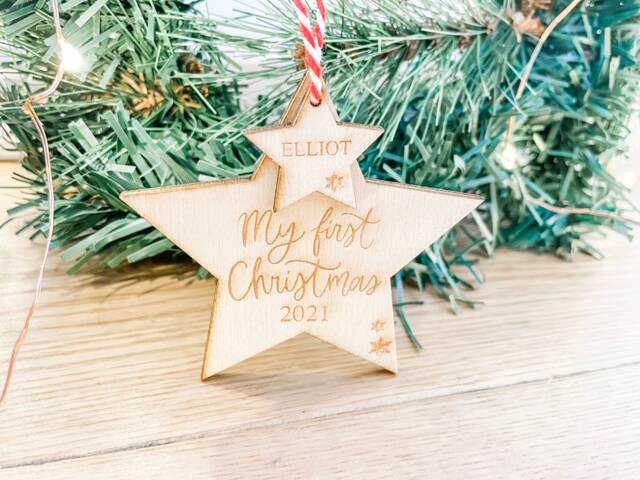 My First Christmas Wooden Bauble - Personalised Star With Hanging - Laser Cut & Engraved New Baby Keepsake Decoration 2025