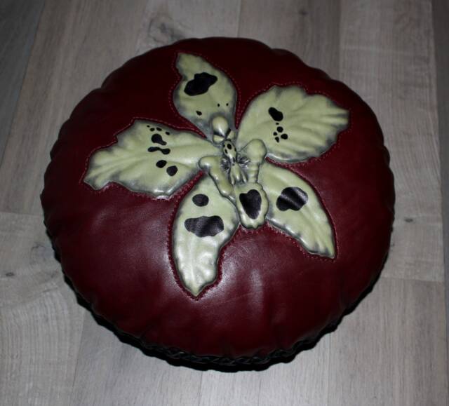 Round Leather Cushion Adorned With An Orchid - Craftsman Of Art Real - image 1