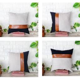 Color Block Lumbar Pillow Cover Cognac Faux Leather, Linen & Black Fabric - thumbnail 2