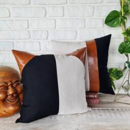 Color Block Lumbar Pillow Cover Cognac Faux Leather, Linen & Black Fabric - thumbnail 4