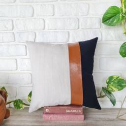 Color Block Lumbar Pillow Cover Cognac Faux Leather, Linen & Black Fabric - thumbnail 3