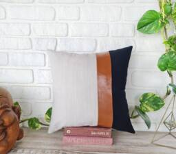 Color Block Lumbar Pillow Cover Cognac Faux Leather, Linen & Black Fabric - thumbnail 1