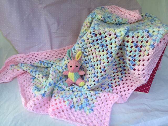 Baby Gift Set For Girl - Handmade Crochet Afghan Blanket Shower Pink Border - image 1