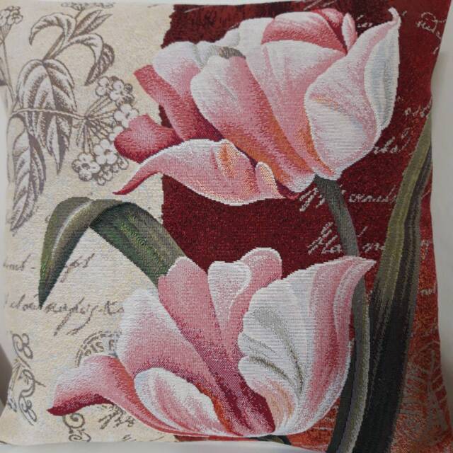 Pink Tulip Jacquard Tapestry Cushion Cover 45x45 cm. Trendy Interior Decoration - Decorative Housewarming Birthday - image 1