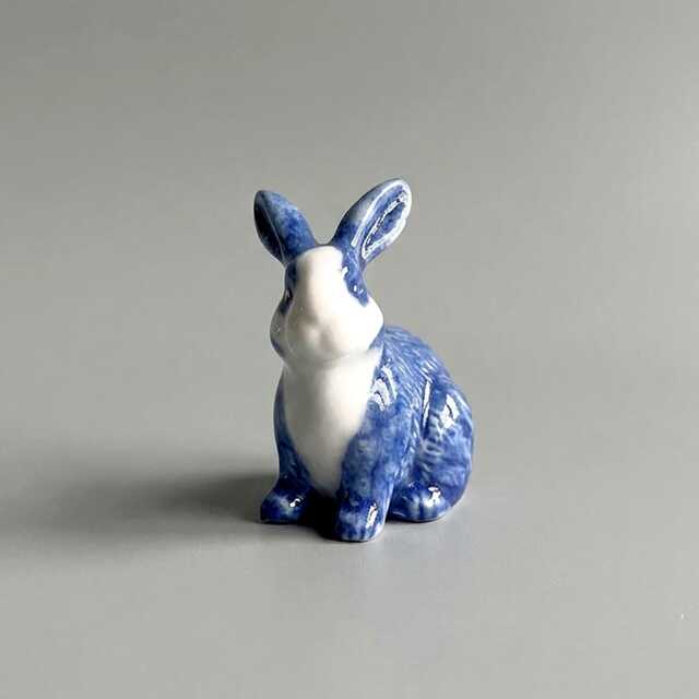 Miniature Ceramic Rabbit Figurine Blue & White Porcelain Bunny Handcrafted Animal Easter Decor - image 1