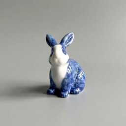 Miniature Ceramic Rabbit Figurine Blue & White Porcelain Bunny Handcrafted Animal Easter Decor - thumbnail 1