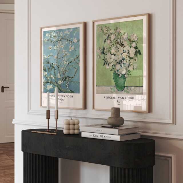 Vincent Van Gogh Blossom & Rose Wall Art Set Of 2 Floral Impressionist Prints - image 1