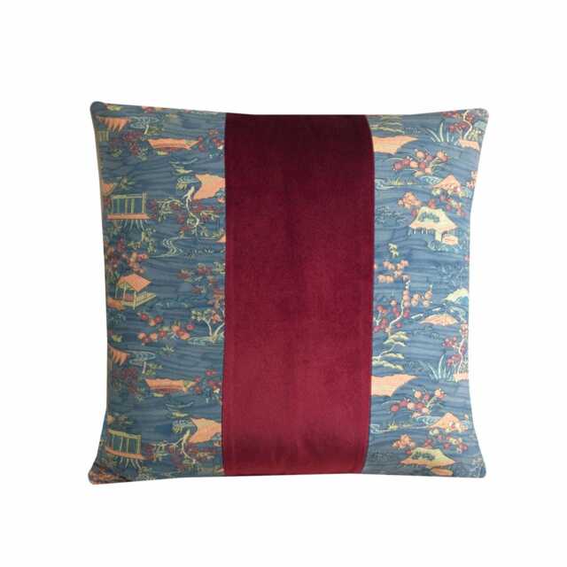 Japanese Floral Cushion Blue Red Silk & Velvet Pillow Cover 18x18 - image 1