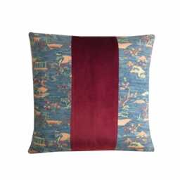 Japanese Floral Cushion Blue Red Silk & Velvet Pillow Cover 18x18 - thumbnail 1
