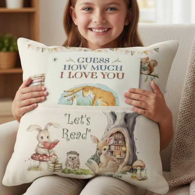 Personalised Woodland Pocket Pillow - Custom Name Cushion Nursery Decor Storytime Gift Baby Shower Present - Girl's Linen - image 1