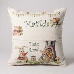 Personalised Woodland Pocket Pillow - Custom Name Cushion Nursery Decor Storytime Gift Baby Shower Present - Girl's Linen - thumbnail 2