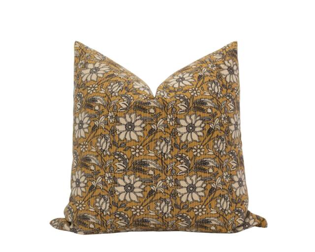 Sunny -- Mustard Floral Pillow Cover Katha Stitch Saffron Yellow Dark Farmhouse - image 1