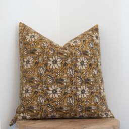 Sunny -- Mustard Floral Pillow Cover Katha Stitch Saffron Yellow Dark Farmhouse - thumbnail 3