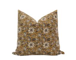 Sunny -- Mustard Floral Pillow Cover Katha Stitch Saffron Yellow Dark Farmhouse - thumbnail 1