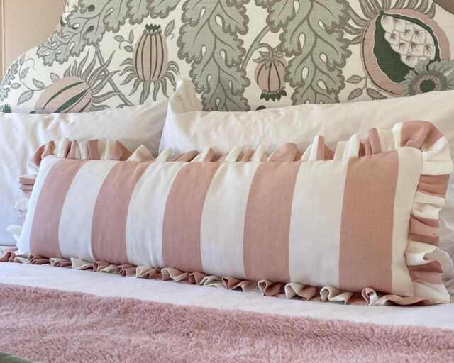 Pink Stripe Ruffled Lumbar Cushion Cover, Handmade Frilled Bed Bolster Pillow, Farmhouse Decor, 95cm - image 1