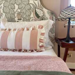 Pink Stripe Ruffled Lumbar Cushion Cover, Handmade Frilled Bed Bolster Pillow, Farmhouse Decor, 95cm - thumbnail 2