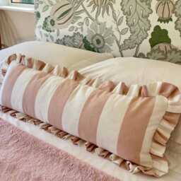 Pink Stripe Ruffled Lumbar Cushion Cover, Handmade Frilled Bed Bolster Pillow, Farmhouse Decor, 95cm - thumbnail 3