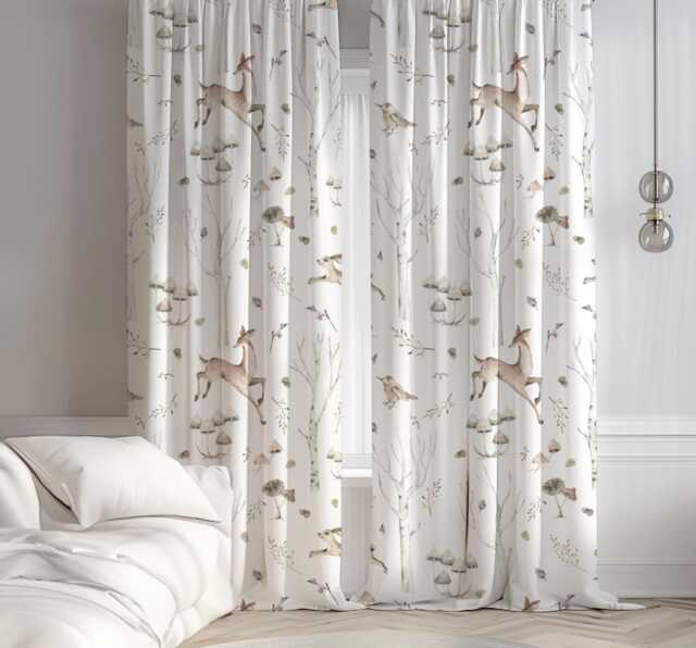 Woodland Twigs & Deers Curtains, Nursery Curtains Blackout Or Non Blackout, With Eyelets, Pencil Pleat Rod Pocket - image 1