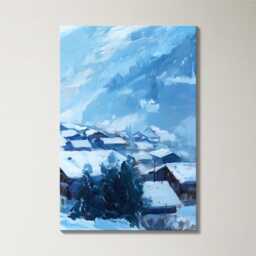 Swiss Alps Village 3 Panel Split Canvas Wall Art, Snow Rooftops, Winter Mountain Landscape, Oil Painting Framed Home Decor Gift - thumbnail 4