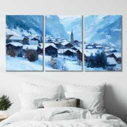 Swiss Alps Village 3 Panel Split Canvas Wall Art, Snow Rooftops, Winter Mountain Landscape, Oil Painting Framed Home Decor Gift - thumbnail 2