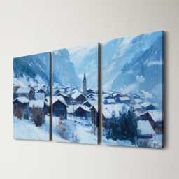 Swiss Alps Village 3 Panel Split Canvas Wall Art, Snow Rooftops, Winter Mountain Landscape, Oil Painting Framed Home Decor Gift