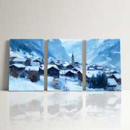 Swiss Alps Village 3 Panel Split Canvas Wall Art, Snow Rooftops, Winter Mountain Landscape, Oil Painting Framed Home Decor Gift - thumbnail 3