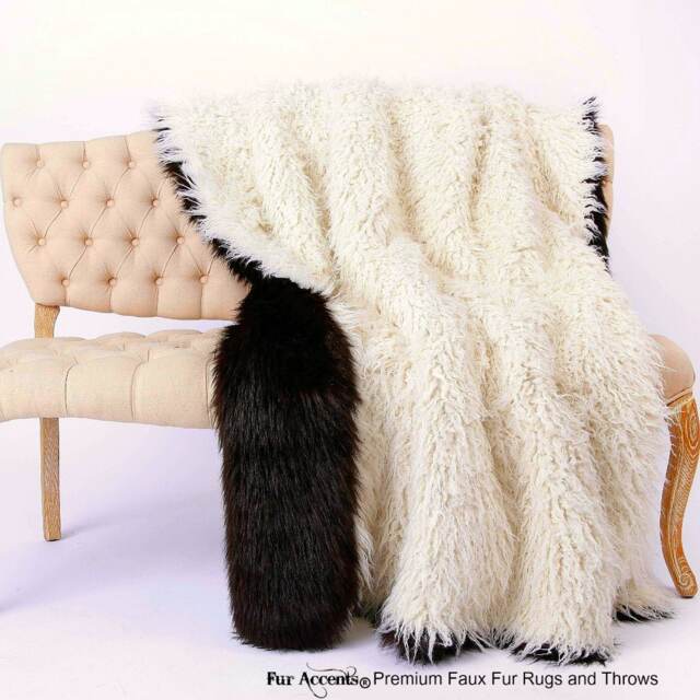 Reversible Faux Fur Throw Blanket, Dark Brown Bear, White Sheepskin - image 1