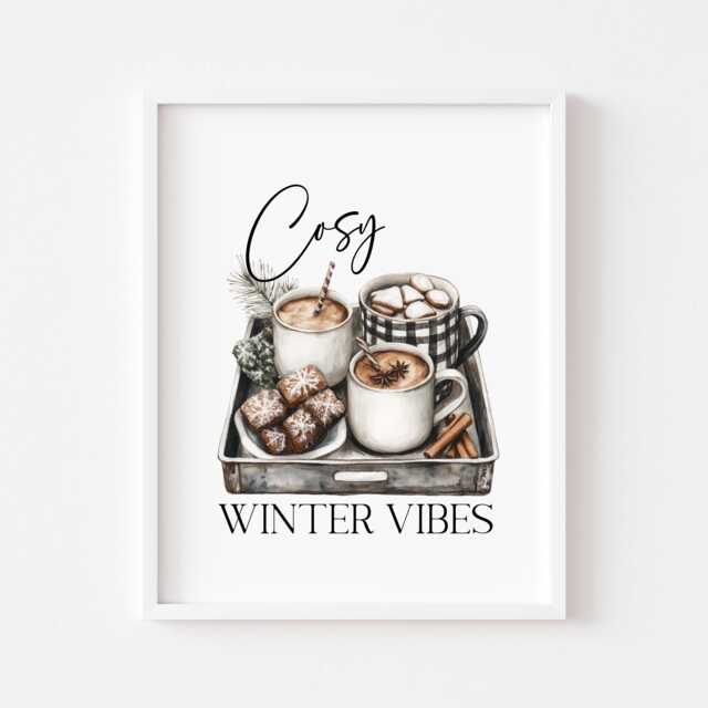 Winter Drinks Tray Print Cosy Hot Chocolate, Monochrome Art - Unframed - image 1