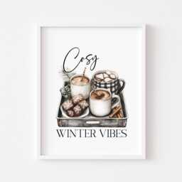 Winter Drinks Tray Print Cosy Hot Chocolate, Monochrome Art - Unframed - thumbnail 1
