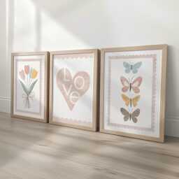 Heart Flowers & Butterflies Set Of 3 Prints, Tulips Personalised Name Posters, Framed Butterfly Wall Art Gift For Girls Nursery Teen Bedroom - thumbnail 1