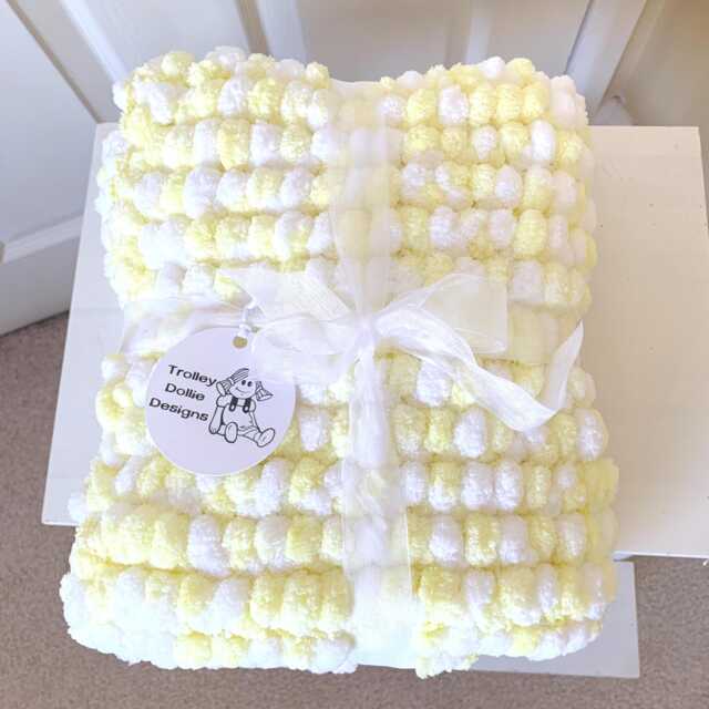 Hand Knitted Pom Baby Blanket, Yellow White Wool - image 1