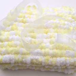 Hand Knitted Pom Baby Blanket, Yellow White Wool - thumbnail 3
