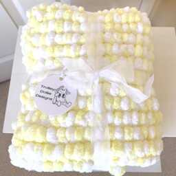 Hand Knitted Pom Baby Blanket, Yellow White Wool - thumbnail 2