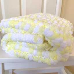 Hand Knitted Pom Baby Blanket, Yellow White Wool - thumbnail 4
