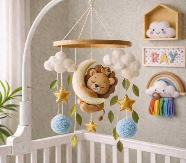 Felt Lion Baby Mobile, Sleeping Crib Decor, Nursery Hanging Toy, Handmade Clouds Stars - image 1