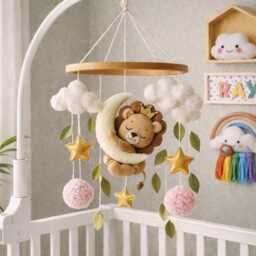 Felt Lion Baby Mobile, Sleeping Crib Decor, Nursery Hanging Toy, Handmade Clouds Stars - thumbnail 2