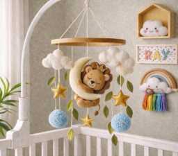 Felt Lion Baby Mobile, Sleeping Crib Decor, Nursery Hanging Toy, Handmade Clouds Stars - thumbnail 1