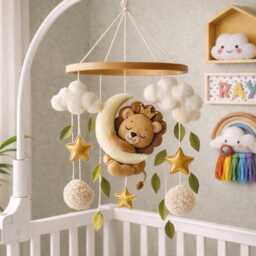 Felt Lion Baby Mobile, Sleeping Crib Decor, Nursery Hanging Toy, Handmade Clouds Stars - thumbnail 3