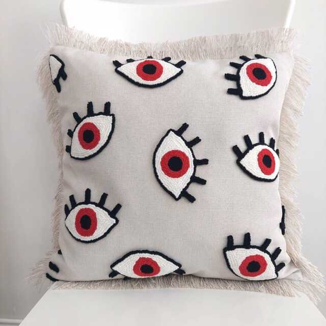 Evil Eye Linen Pillow Cover Bohemian Fringed Nazar Punch Design - image 1