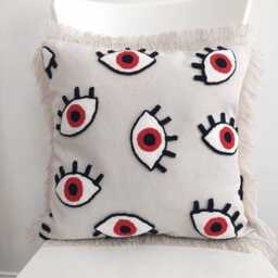 Evil Eye Linen Pillow Cover Bohemian Fringed Nazar Punch Design - thumbnail 1