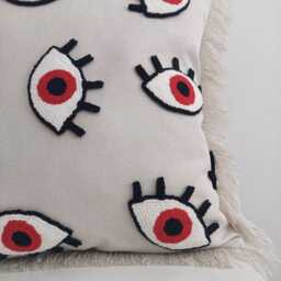 Evil Eye Linen Pillow Cover Bohemian Fringed Nazar Punch Design - thumbnail 3