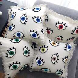 Evil Eye Linen Pillow Cover Bohemian Fringed Nazar Punch Design - thumbnail 4