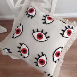 Evil Eye Linen Pillow Cover Bohemian Fringed Nazar Punch Design - thumbnail 2