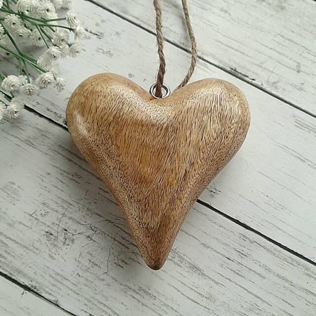 Natural Chunky Mango Wood Hanging Heart Decoration - The Home & Hearts Shop Rustic Shabby Wall Decor Gift Wedding Christmas - image 1