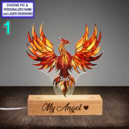 Personalized Colorful Phoenix Acrylic Night Light With Name Engraving, Beech Wood Led Lamp, Custom Laser Engraved Gift - thumbnail 1