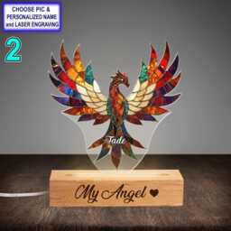 Personalized Colorful Phoenix Acrylic Night Light With Name Engraving, Beech Wood Led Lamp, Custom Laser Engraved Gift - thumbnail 2